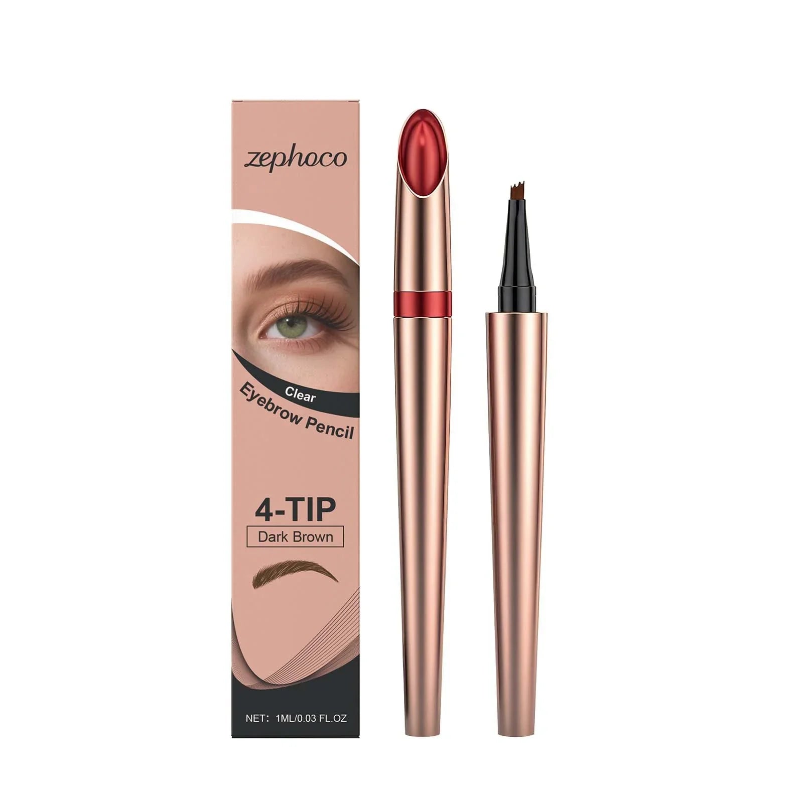 Zephoco 4-tip dark brown eyebrow pencil with sleek rose gold packaging product image, Omgbeautyessential