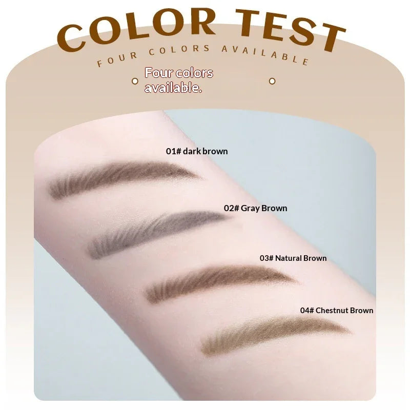 Omgbeautyessential eyebrow pencil color swatches on arm showing four shades: dark brown, gray brown, natural brown, chestnut brown.
