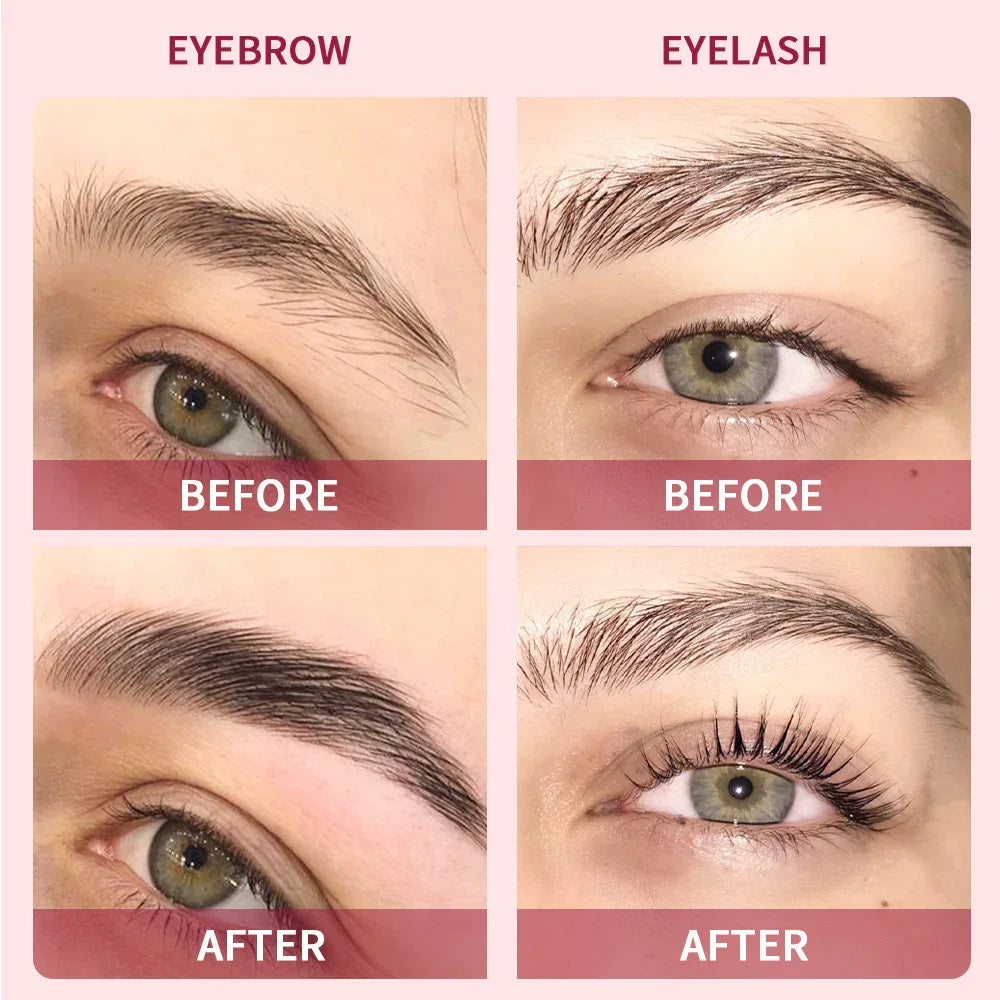 Omgbeautyessential eyebrow and eyelash serum before and after results, close-up eyes.