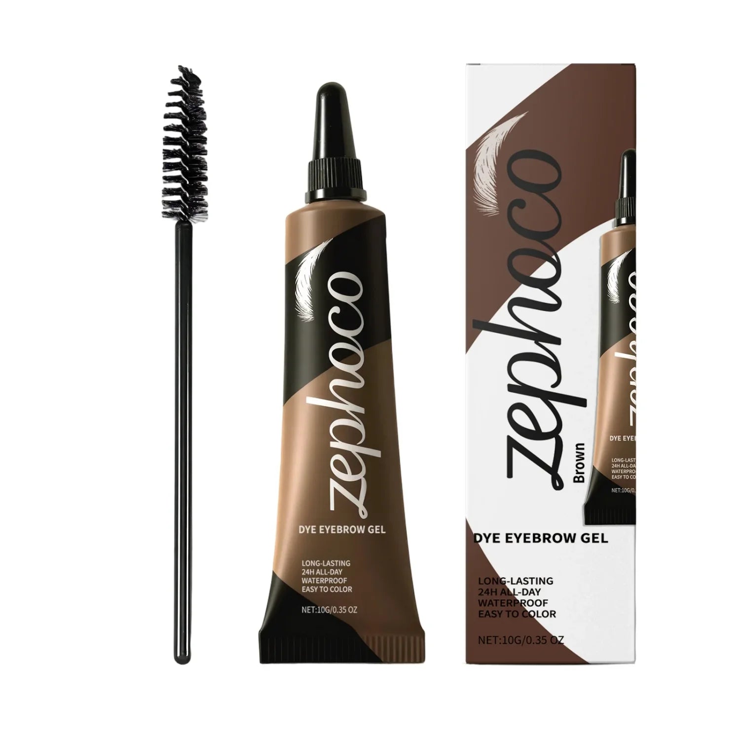Zephoco brown dye eyebrow gel with spoolie brush and product box from Omgbeautyessential