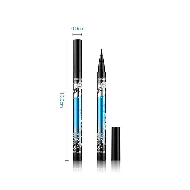 Black liquid eyeliner pen with fine tip and size details, Omgbeautyessential cosmetic product