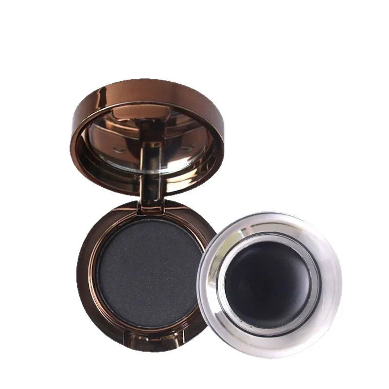 Omgbeautyessential black cushion eyeliner and gel eyeliner in open makeup containers
