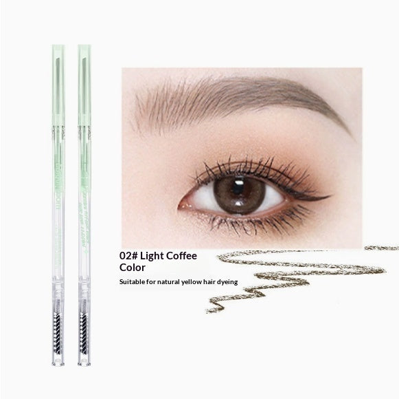 Omgbeautyessential eyebrow pencil 02 light coffee color with close-up of styled brow and product swatch