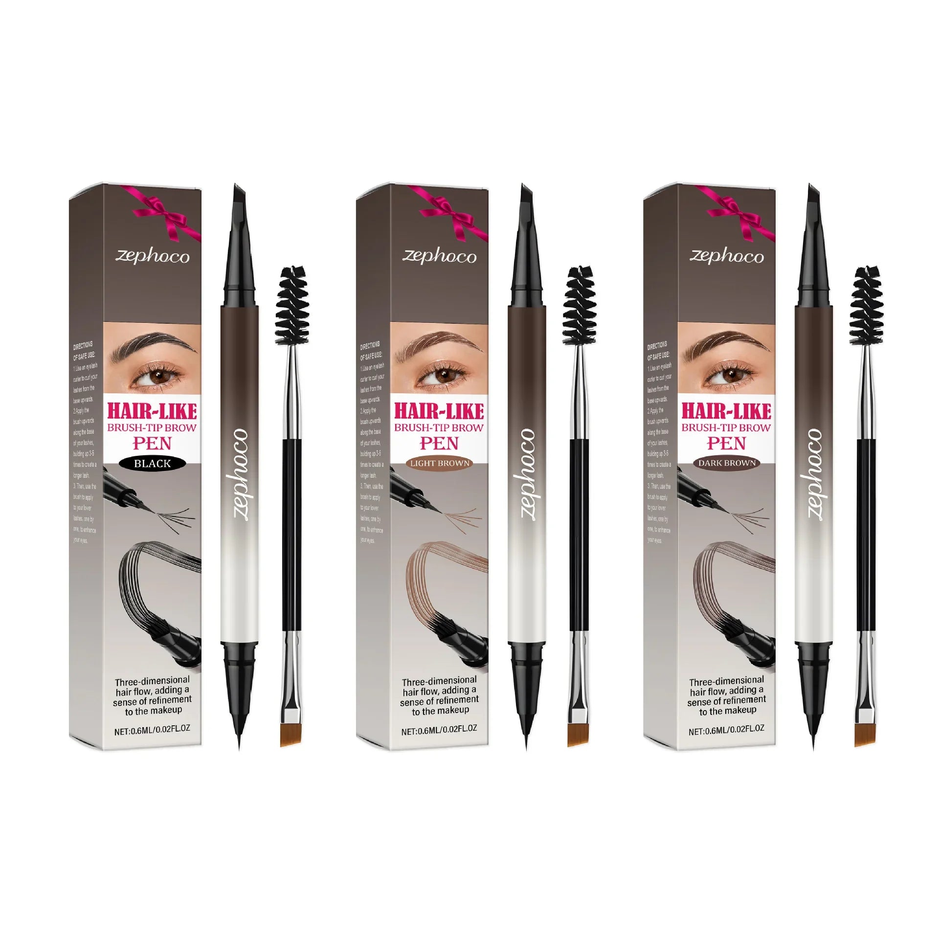 Zephoco hair-like brush-tip eyebrow pen set in black, light brown, and dark brown from Omgbeautyessential.