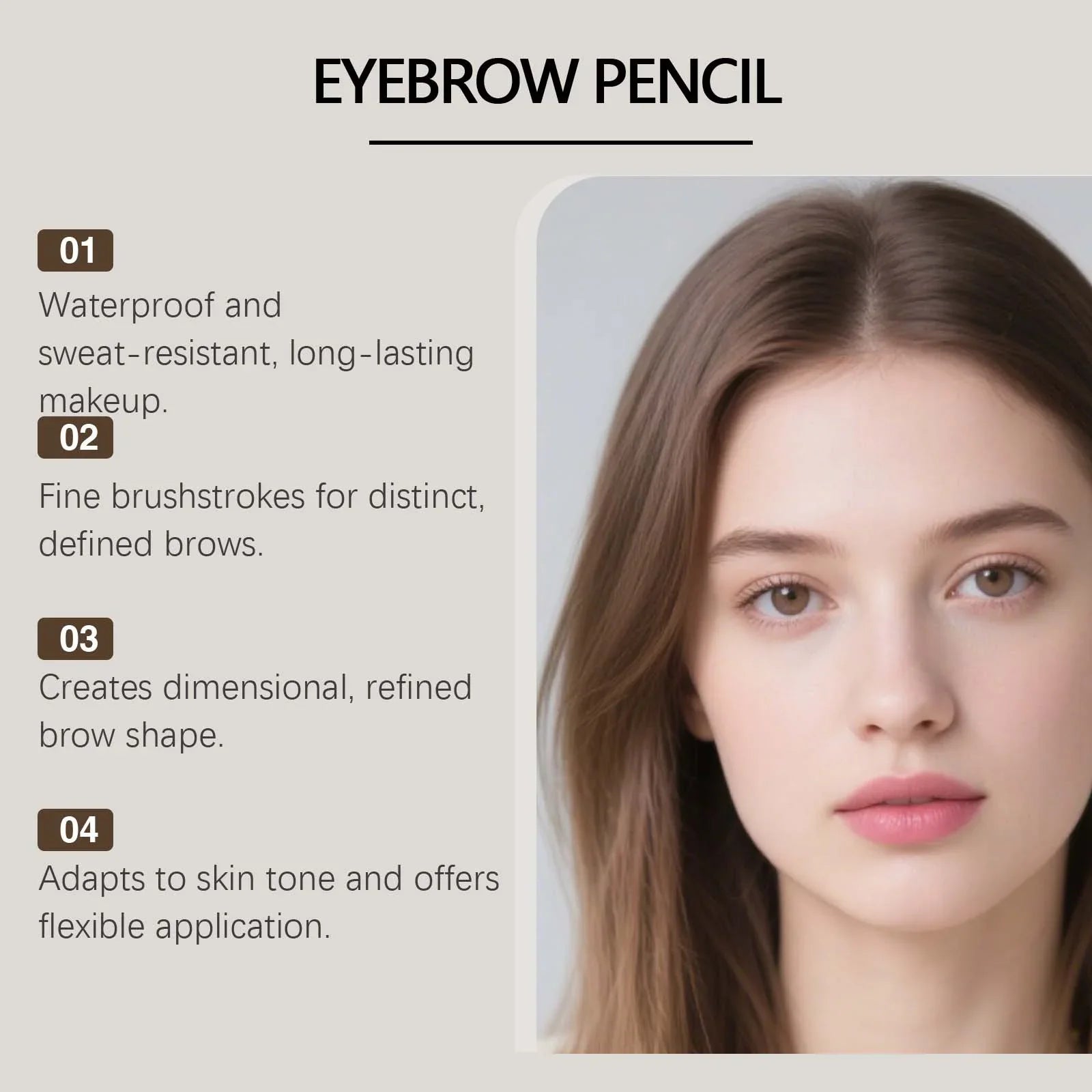 Eyebrow pencil features listed beside a woman with defined brows, Omgbeautyessential product.