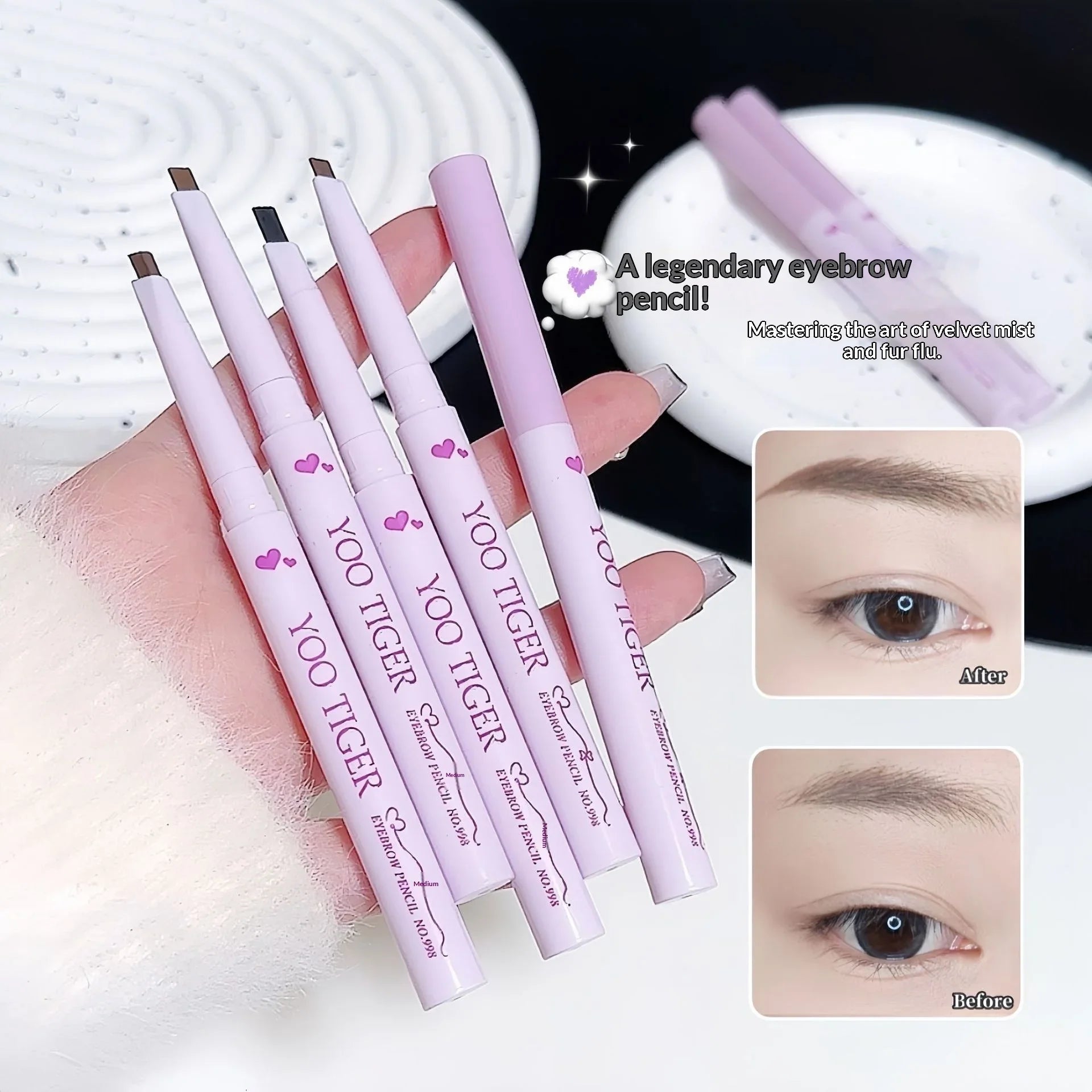 Yoo Tiger eyebrow pencils in pink packaging, before and after eyebrow results, Omgbeautyessential