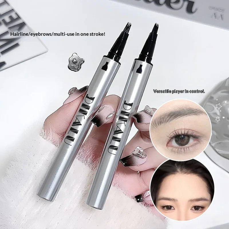 Dual-tip eyebrow and hairline pen held in hand with close-ups of eyebrow and hairline results from Omgbeautyessential.