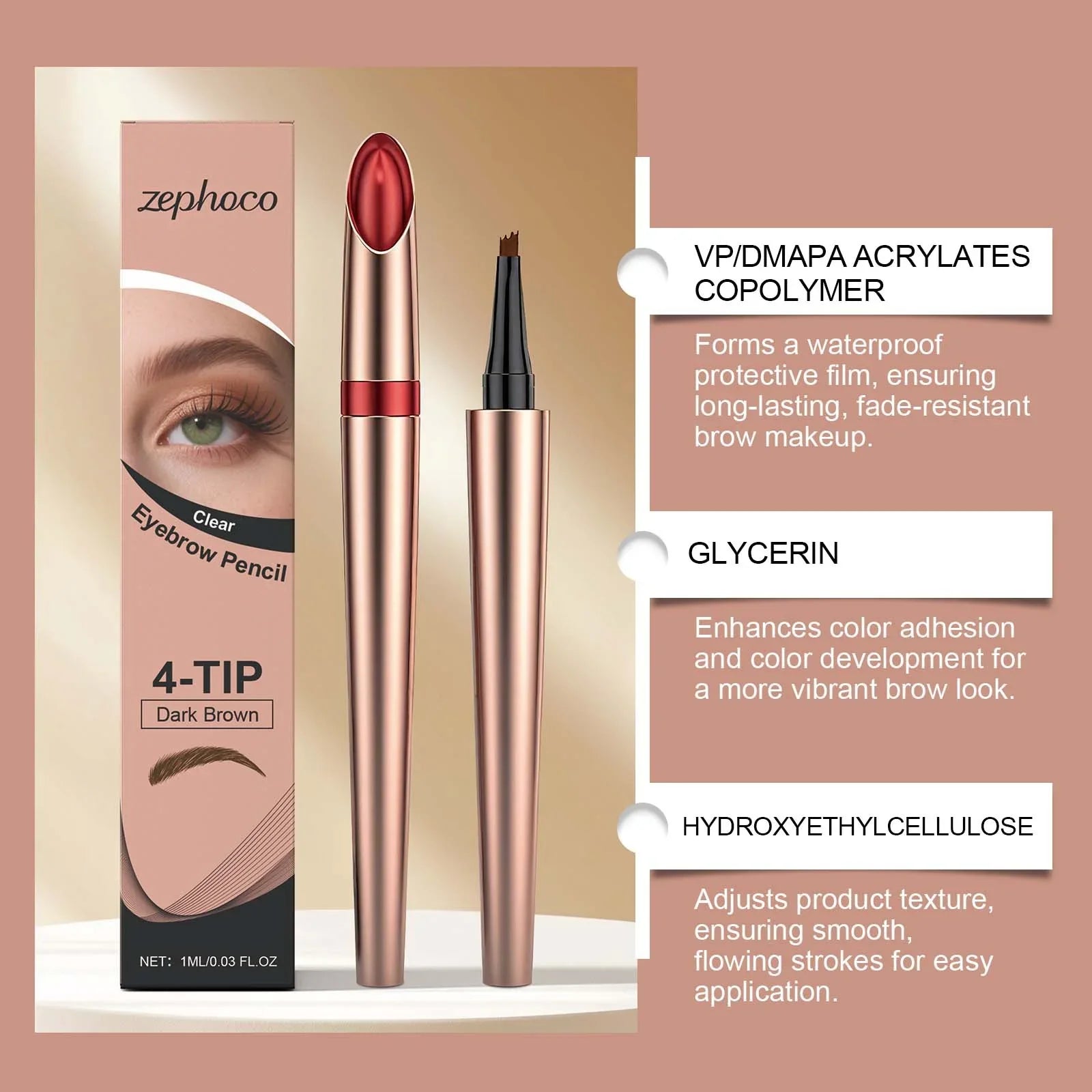 Omgbeautyessential 4-tip dark brown eyebrow pencil with packaging and key ingredients highlighted