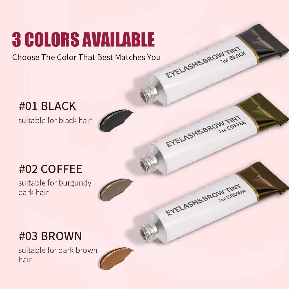 Omgbeautyessential eyelash and brow tint in three colors: black, coffee, brown tubes
