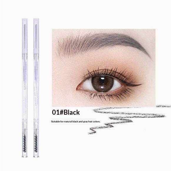 Omgbeautyessential black eyebrow pencil with brush, close-up of defined eyebrow and eye makeup