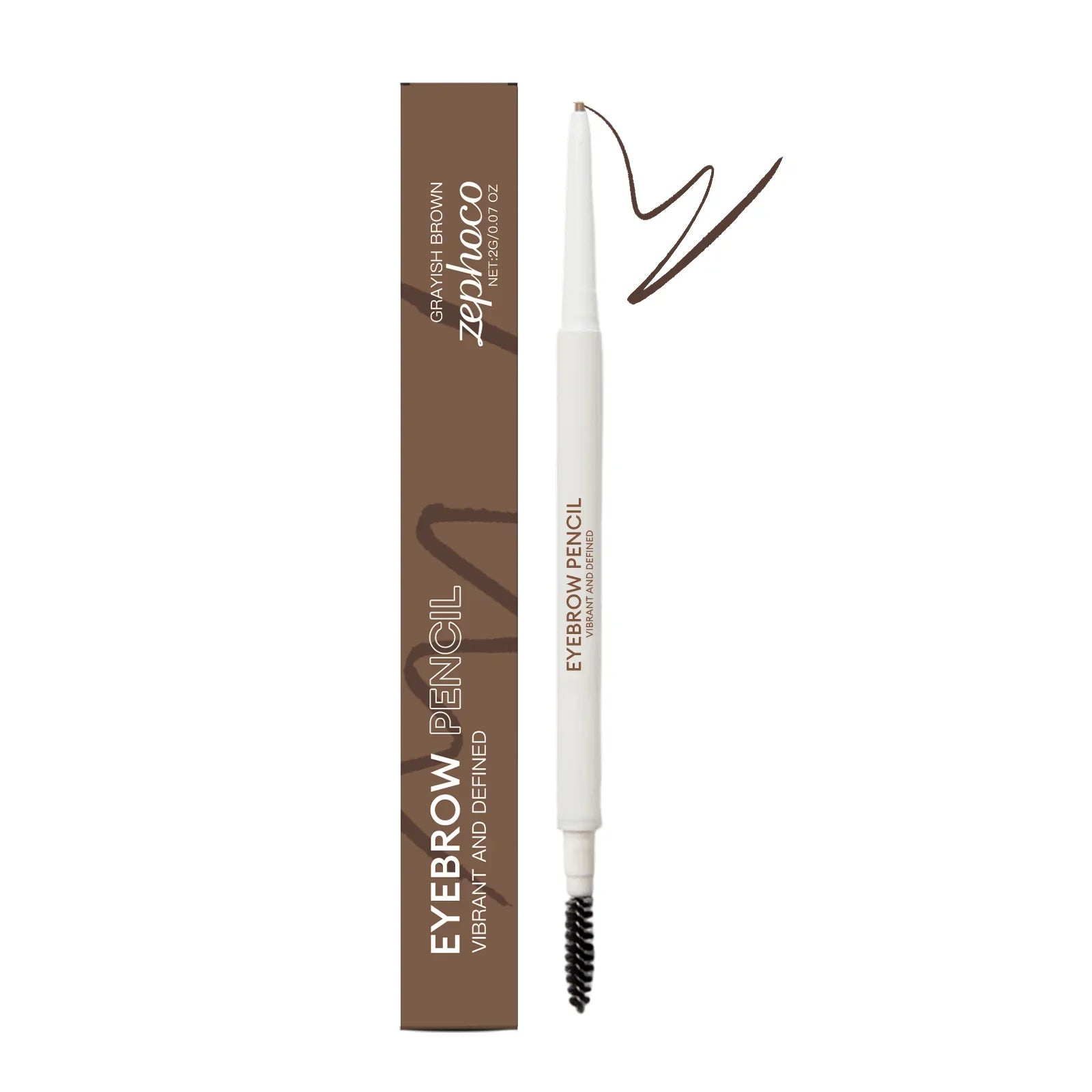 Omgbeautyessential grayish brown eyebrow pencil with brush and box, makeup product image