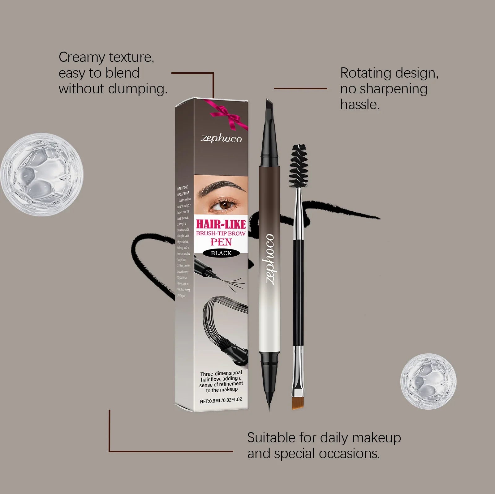 Zephoco hair-like brush-tip brow pen with rotating design, creamy texture, and spoolie brush, perfect for daily makeup from Omgbeautyessential.
