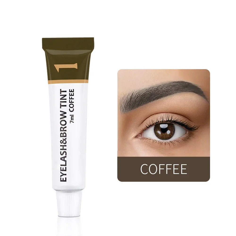 Omgbeautyessential eyelash and brow tint tube in coffee shade with close-up of brown eyebrow.