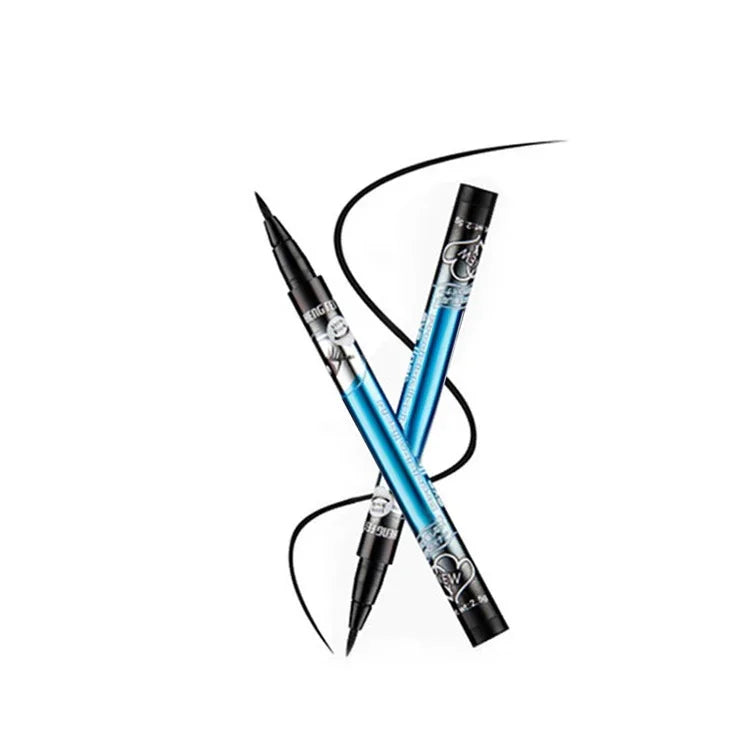 Omgbeautyessential black liquid eyeliner pens with blue metallic barrels on white background