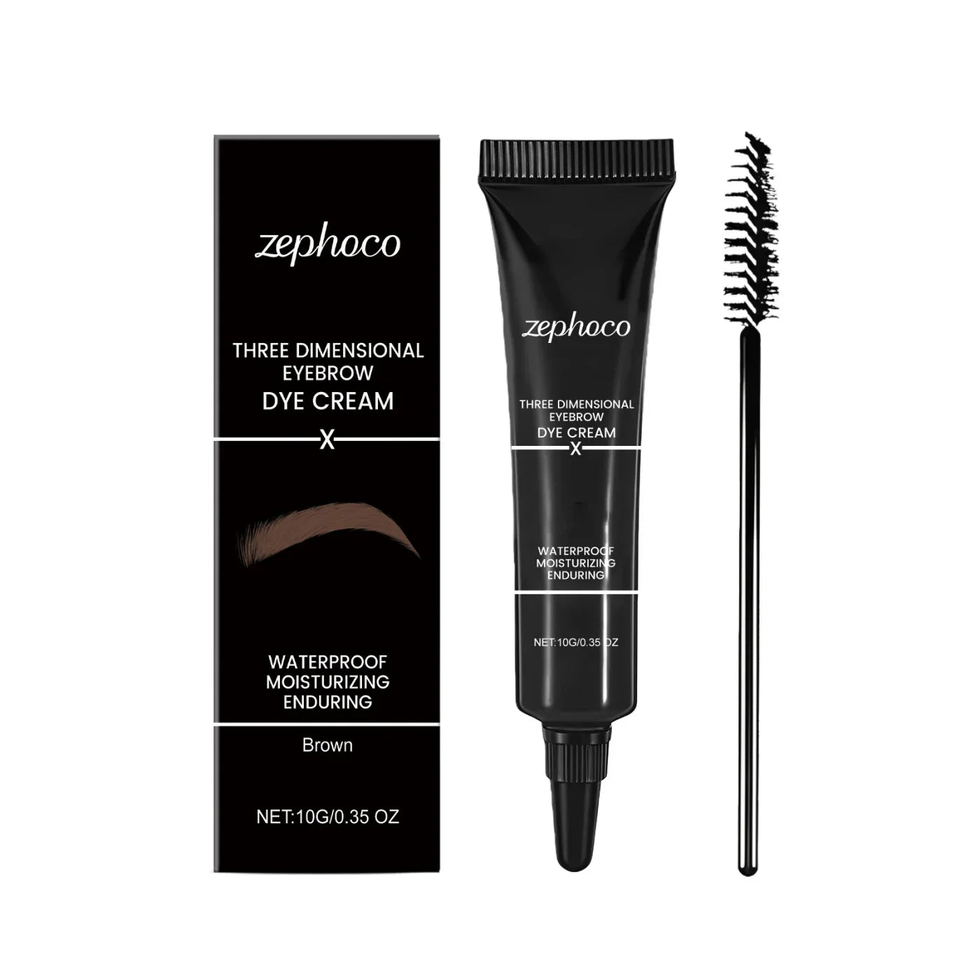 Zephoco three dimensional eyebrow dye cream set with box, tube, and applicator brush