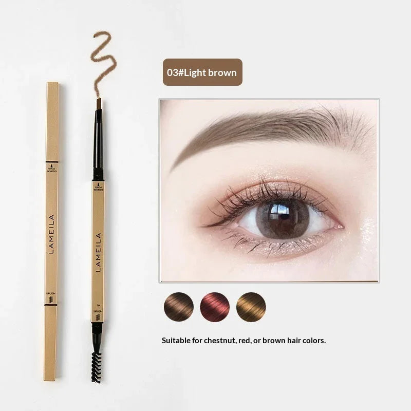 Lameila light brown eyebrow pencil with spoolie, close-up of defined eyebrow, chestnut hair suitable