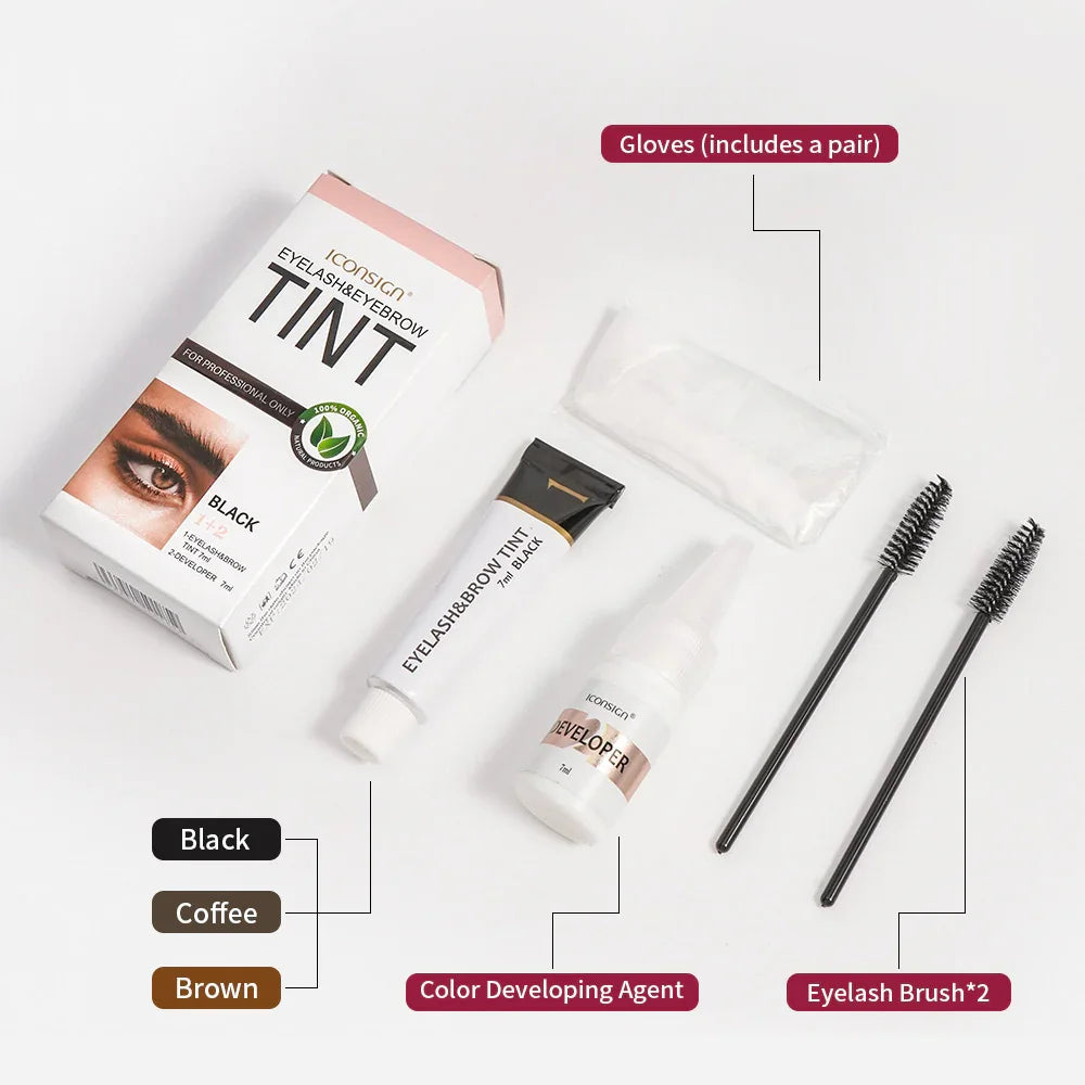 Omgbeautyessential eyelash and eyebrow tint kit with developer, brushes, gloves, and color options.