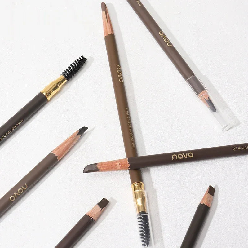 Brown Novo eyebrow pencils with spoolie brushes on white background, beauty essentials
