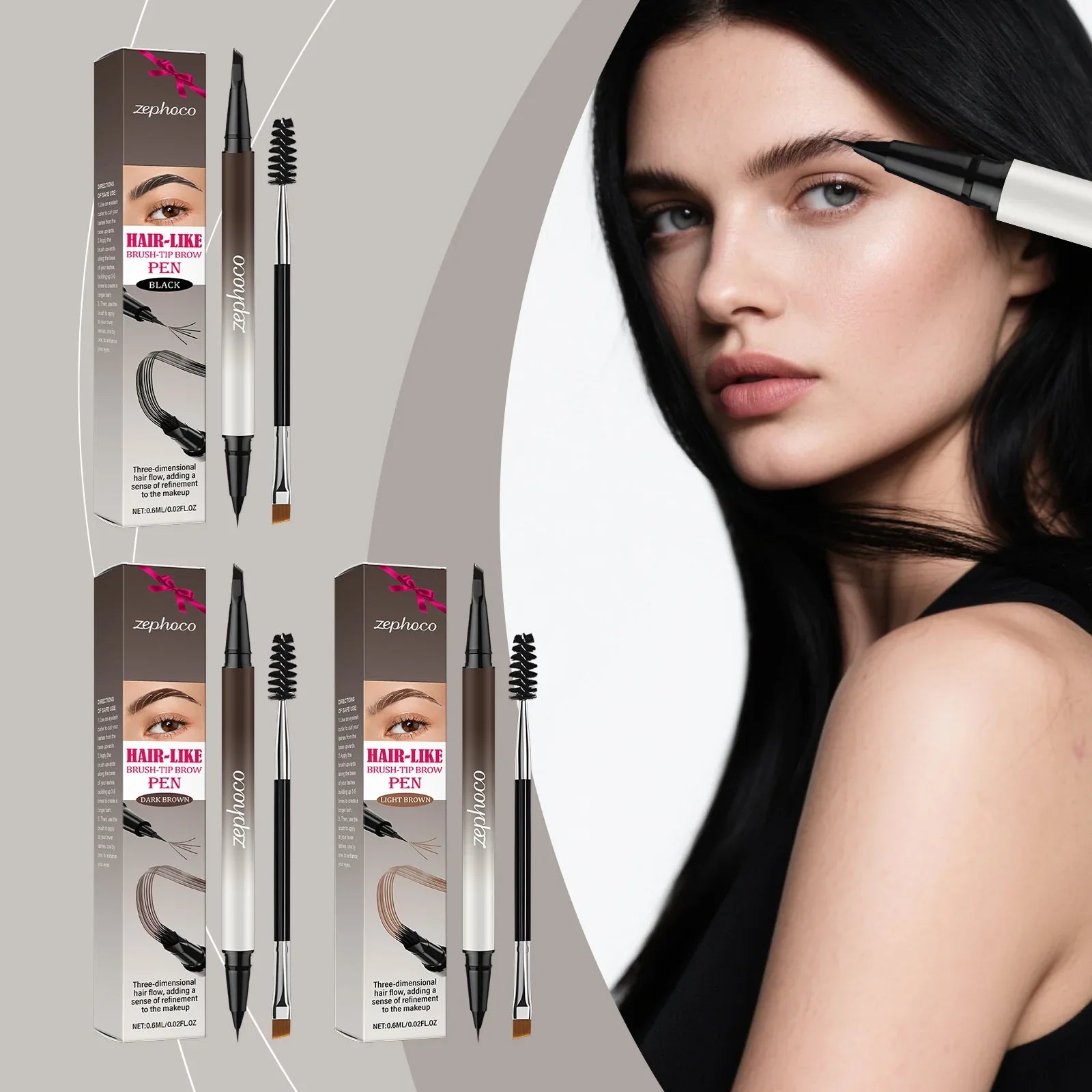 Woman using Zephoco hair-like brow pen, eyebrow makeup products displayed, Omgbeautyessential