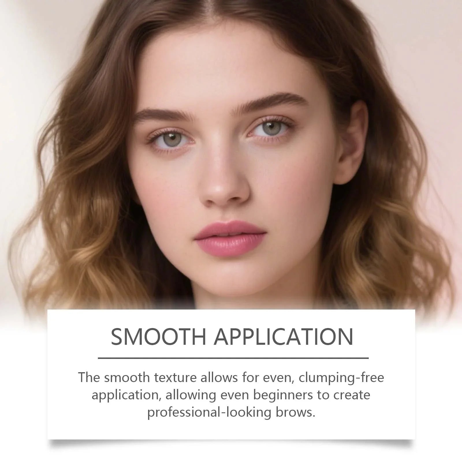 Young woman with flawless brows, smooth makeup, and text about beginner-friendly eyebrow application