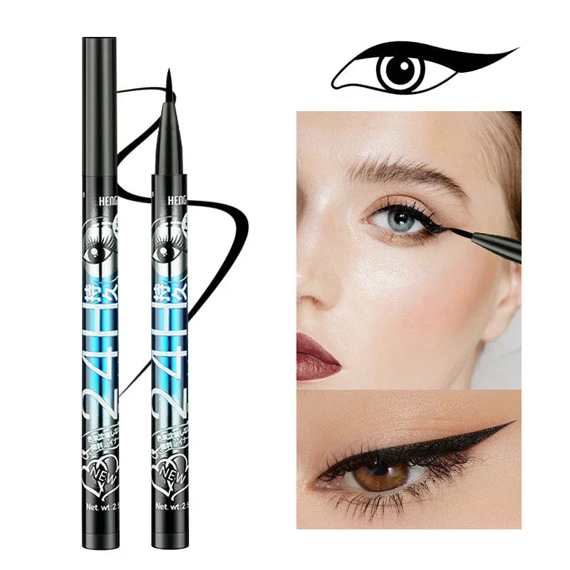 Omgbeautyessential black liquid eyeliner pen with dramatic cat eye makeup application close-up.