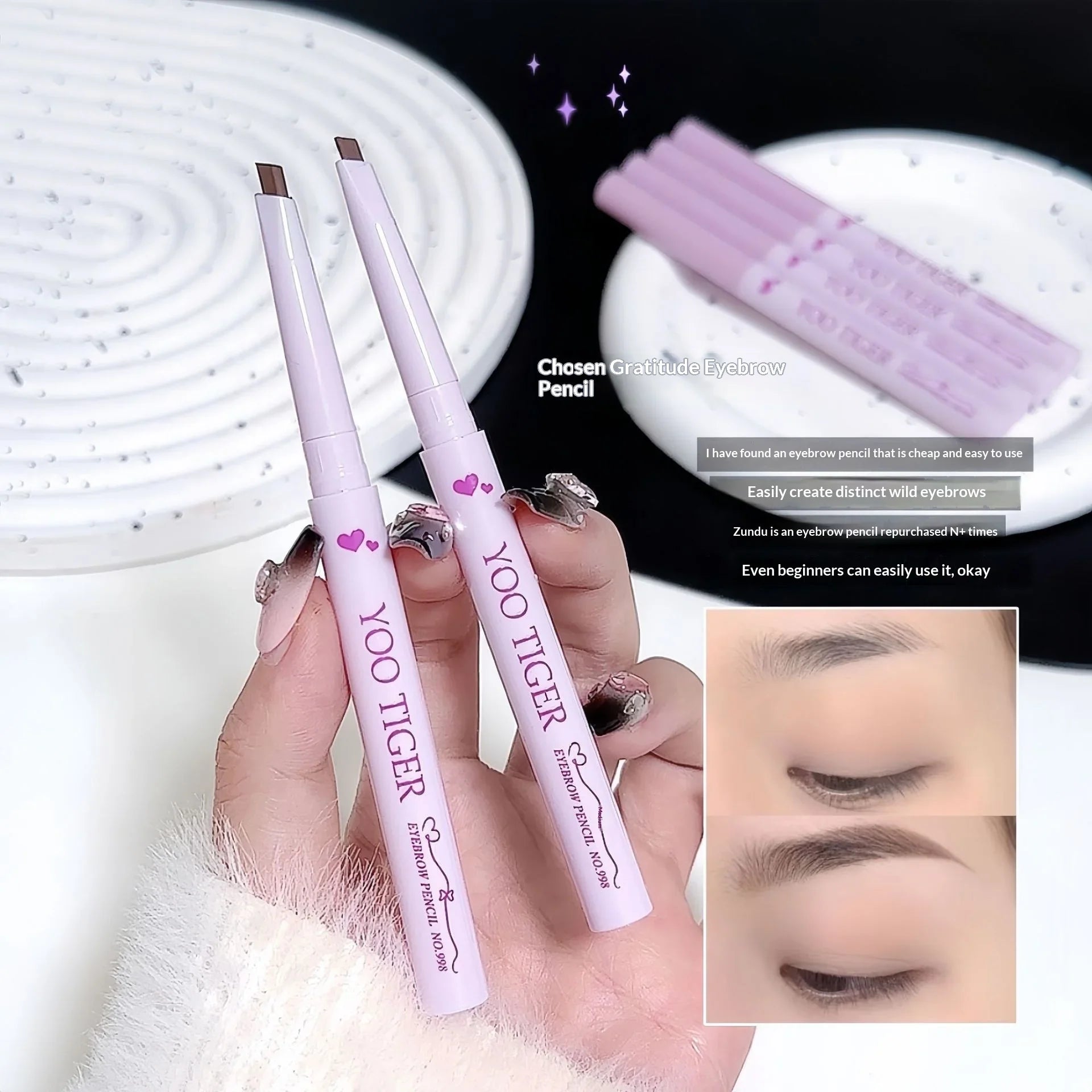 Yoo Tiger eyebrow pencil in hand, with pink packaging, perfect for shaping brows, OMG Beauty Essential