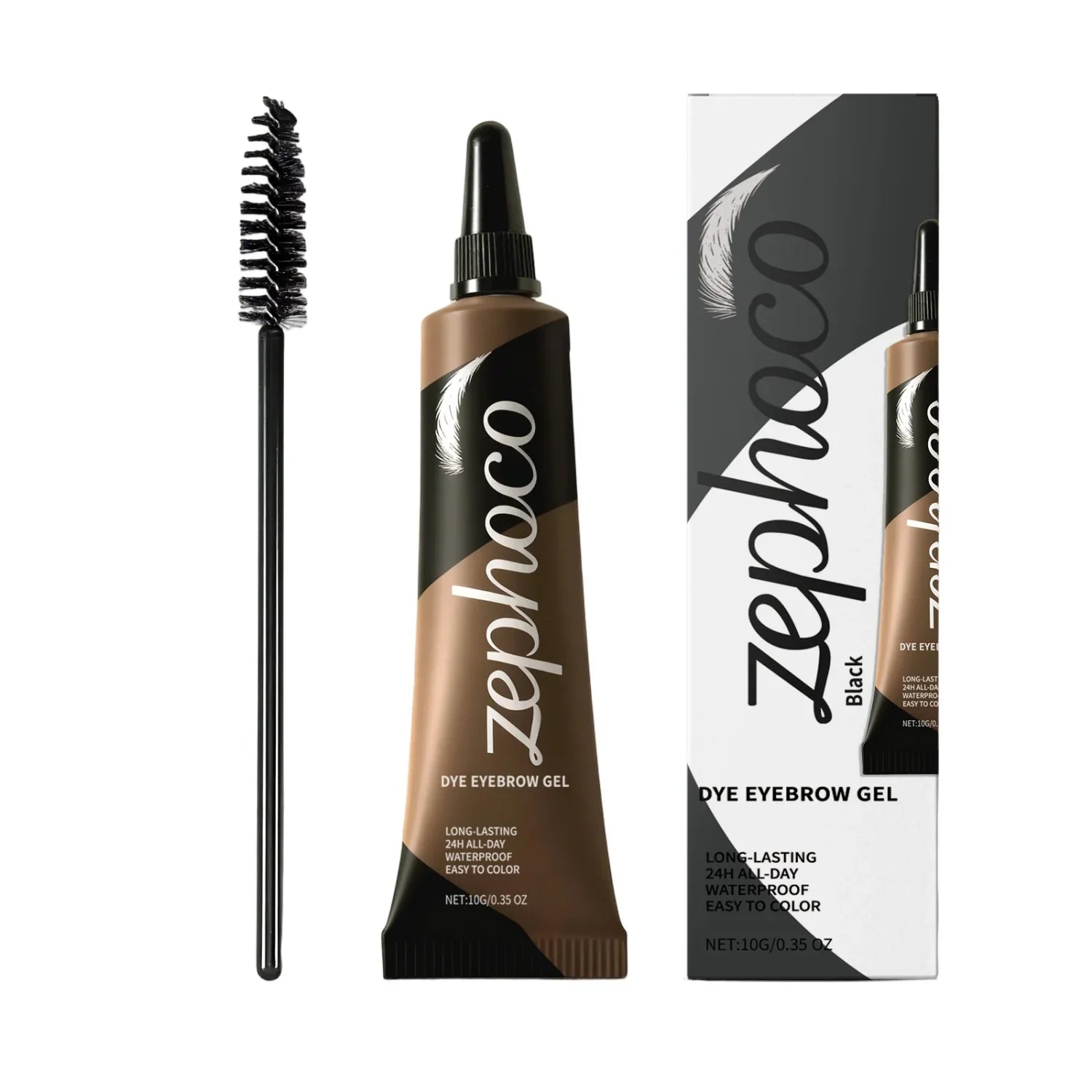 Zephoco dye eyebrow gel with applicator brush and packaging, Omgbeautyessential beauty product