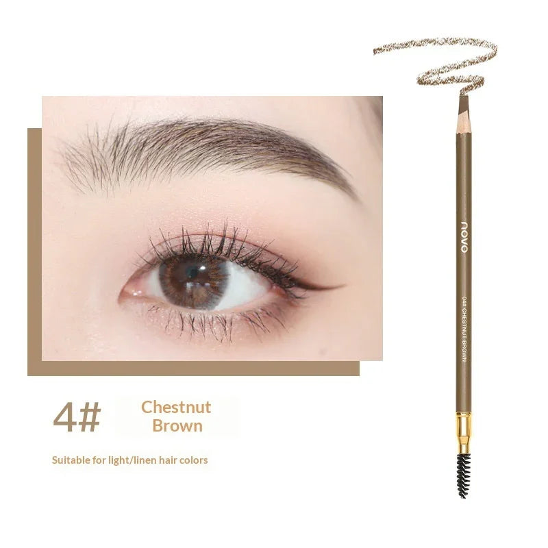 Chestnut brown eyebrow pencil for light hair, shown with close-up of styled brow from Omgbeautyessential