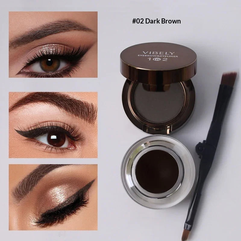 Vibely #02 Dark Brown eyebrow eyeliner gel with angled makeup brush and eye makeup results, Omgbeautyessential