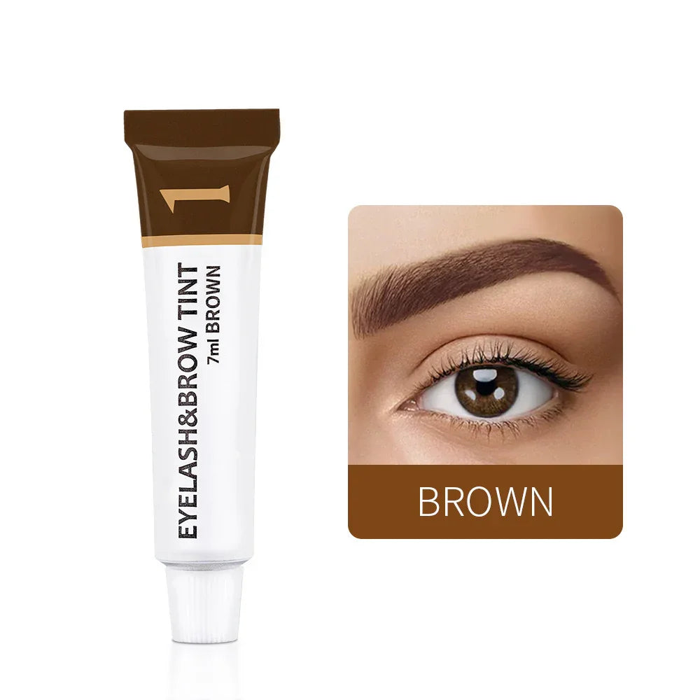 Brown eyelash and brow tint tube with close-up of tinted eyebrow and eye, Omgbeautyessential