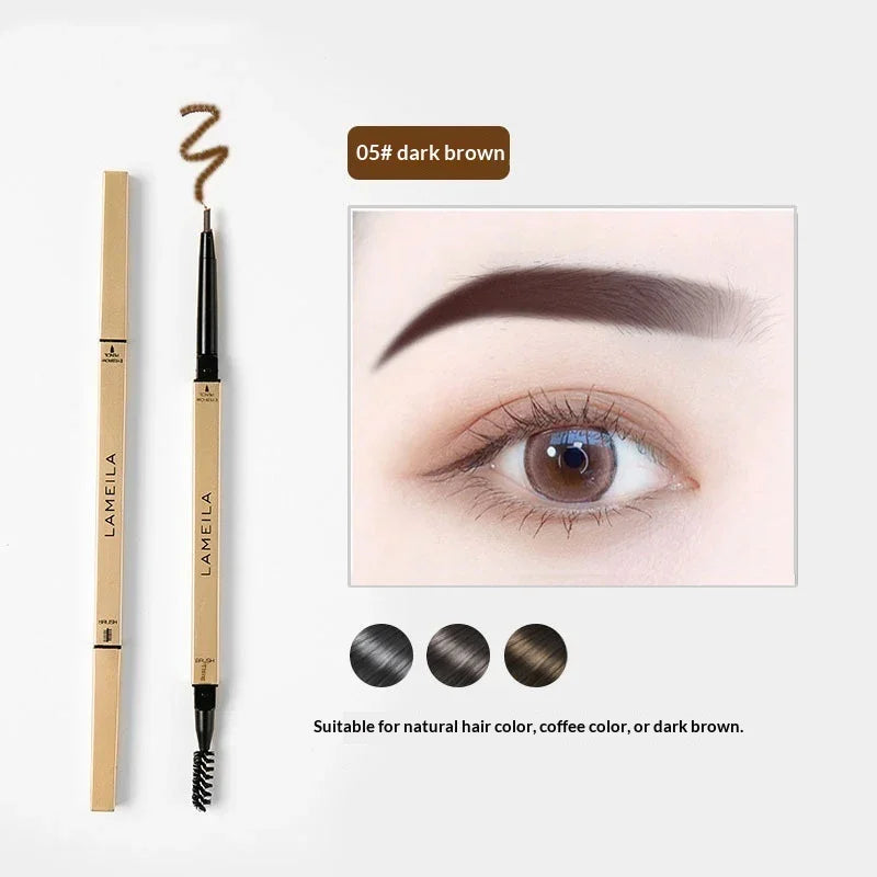 Omgbeautyessential Lameila eyebrow pencil dark brown shade with close-up of defined eyebrow