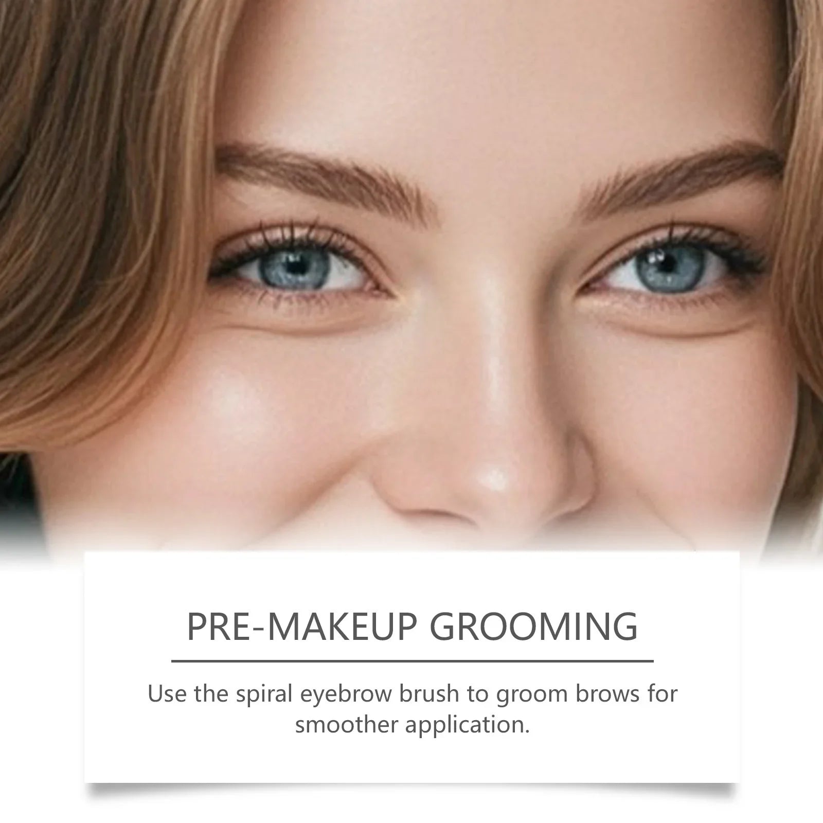 Close-up of a woman's groomed eyebrows and smooth skin, Omgbeautyessential pre-makeup tip text overlay.