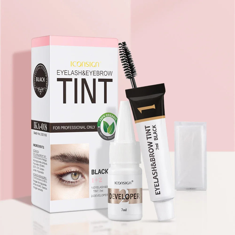 Iconsign eyelash and eyebrow tint kit in black with developer, brush, and packaging, Omgbeautyessential