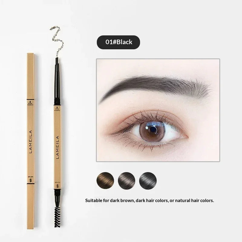 Lameila black eyebrow pencil with spoolie, sample filled eyebrow, Omgbeautyessential.