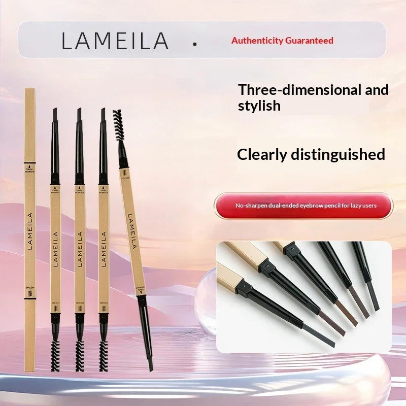 Lameila dual-ended eyebrow pencils with spoolie brushes, showcased on Omgbeautyessential homepage.