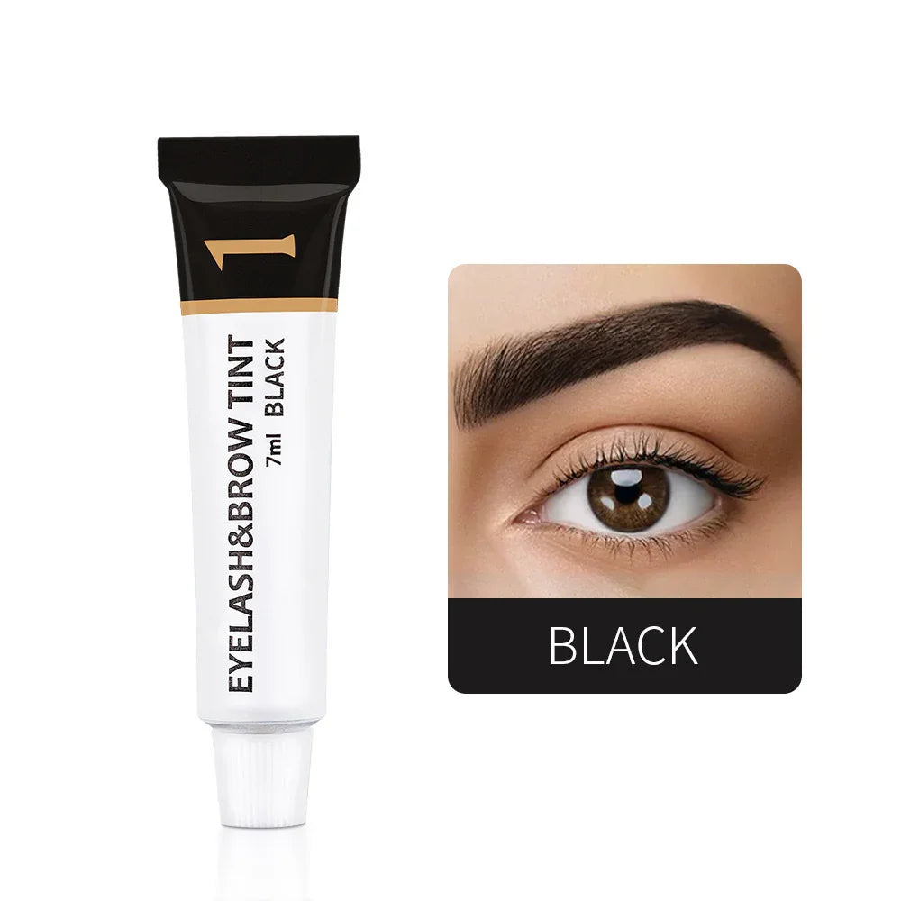 Omgbeautyessential black eyelash and brow tint tube with close-up of tinted eyebrow