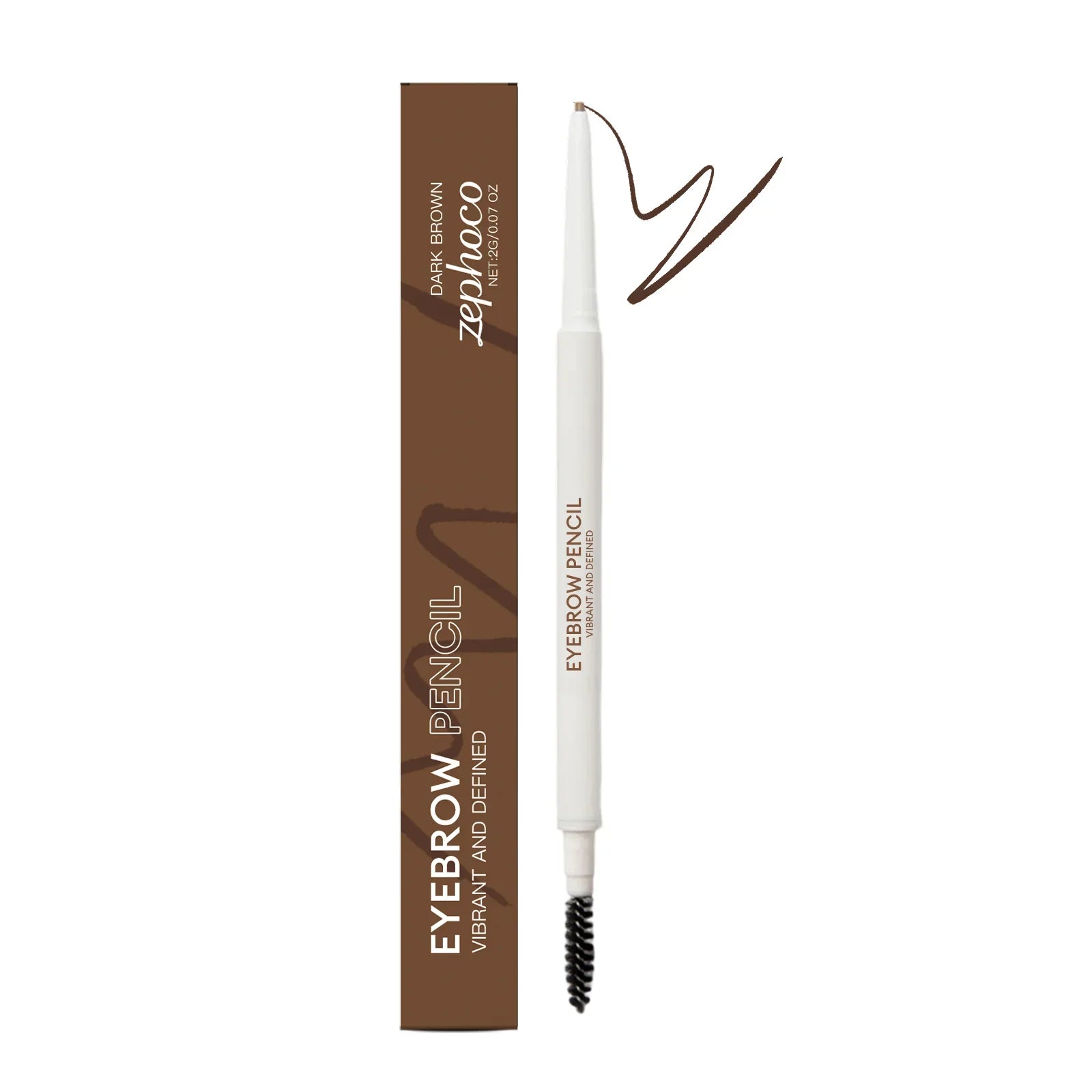 Omgbeautyessential dark brown eyebrow pencil with brush and box on white background