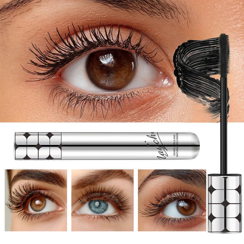 Close-up of eye with long lashes, mascara wand and tube, Omgbeautyessential product images.