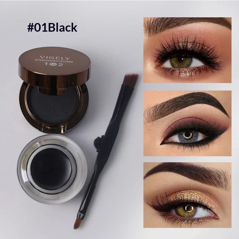 Vibely black eyebrow gel, brush, and three eye makeup looks showcasing bold brows and eyeliner from Omgbeautyessential.