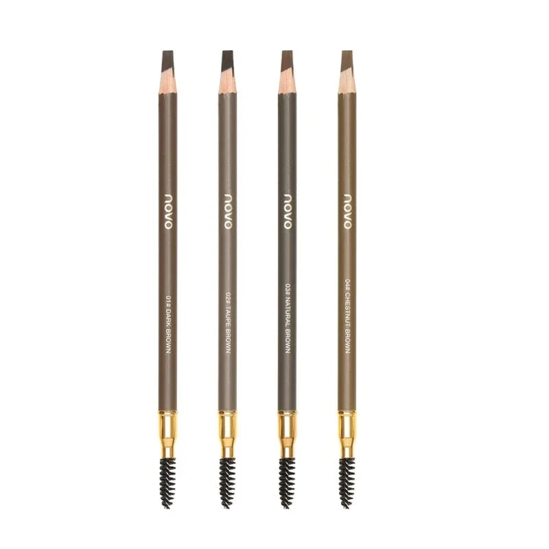 Four Novo eyebrow pencils in different brown shades with spoolie brushes, Omgbeautyessential