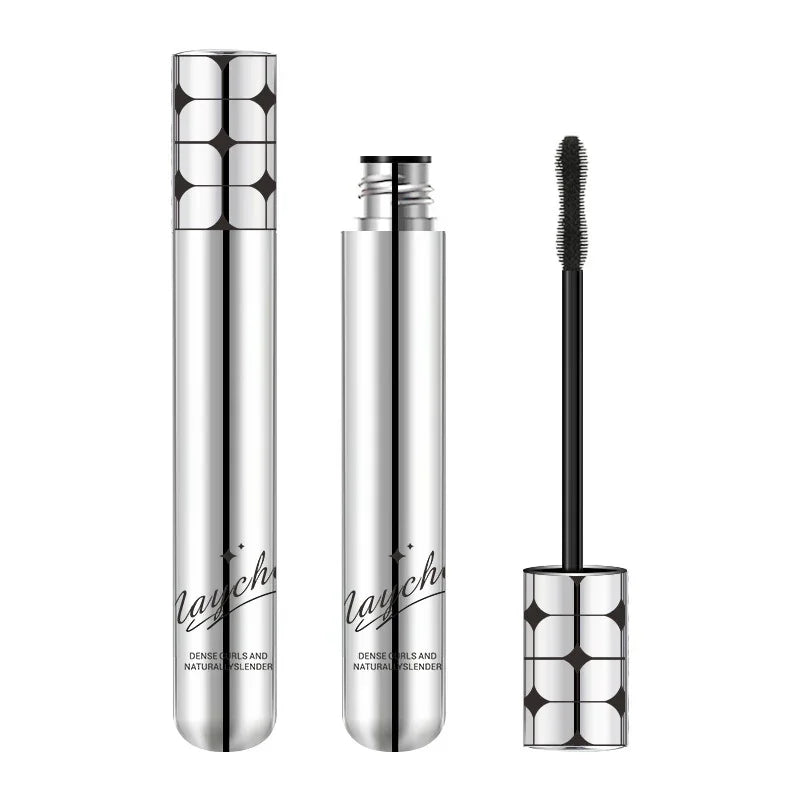 Silver mascara tube with geometric cap, open and closed, Omgbeautyessential beauty product