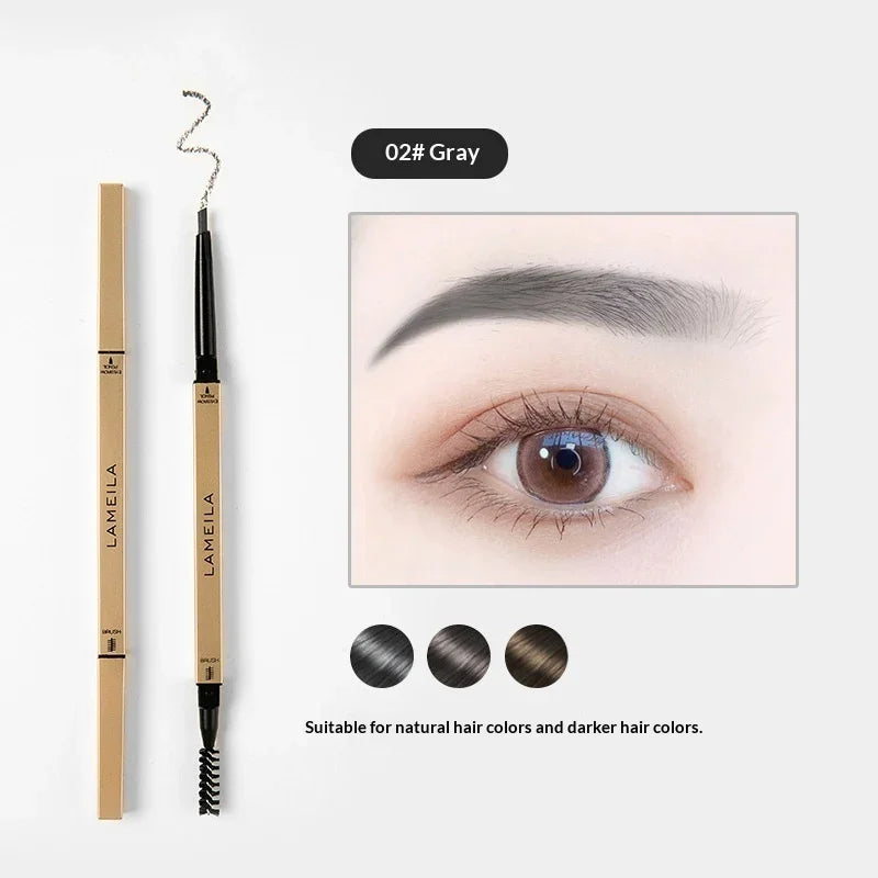Lameila 02# Gray eyebrow pencil and spoolie, eye makeup example, Omgbeautyessential cosmetics