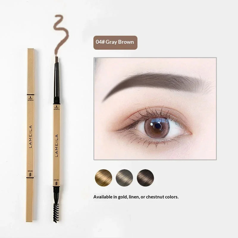 LAMELIA eyebrow pencil in gray brown, close-up of filled eyebrow, Omgbeautyessential makeup product